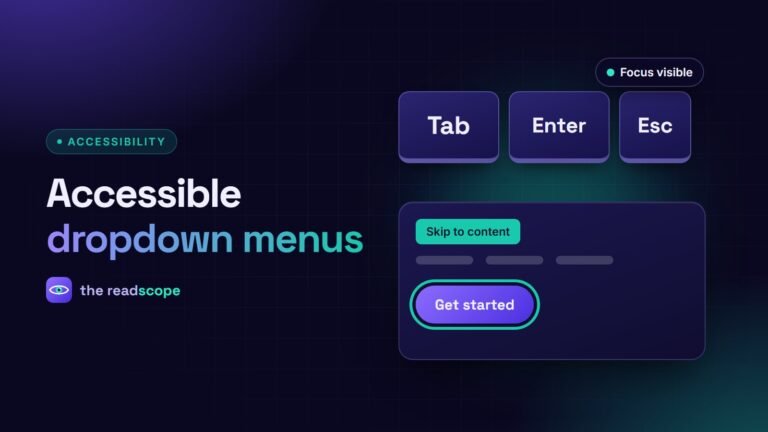 Tab, Enter and Escape keys above a page with a skip link and a visible focus ring on a button