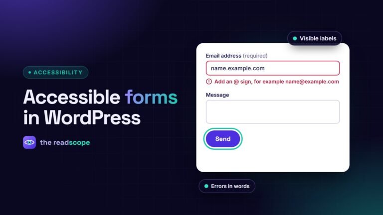 A form with visible labels, a written error message and a focus ring on the send button