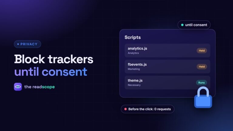 A script list showing analytics and marketing scripts held until consent and a padlock