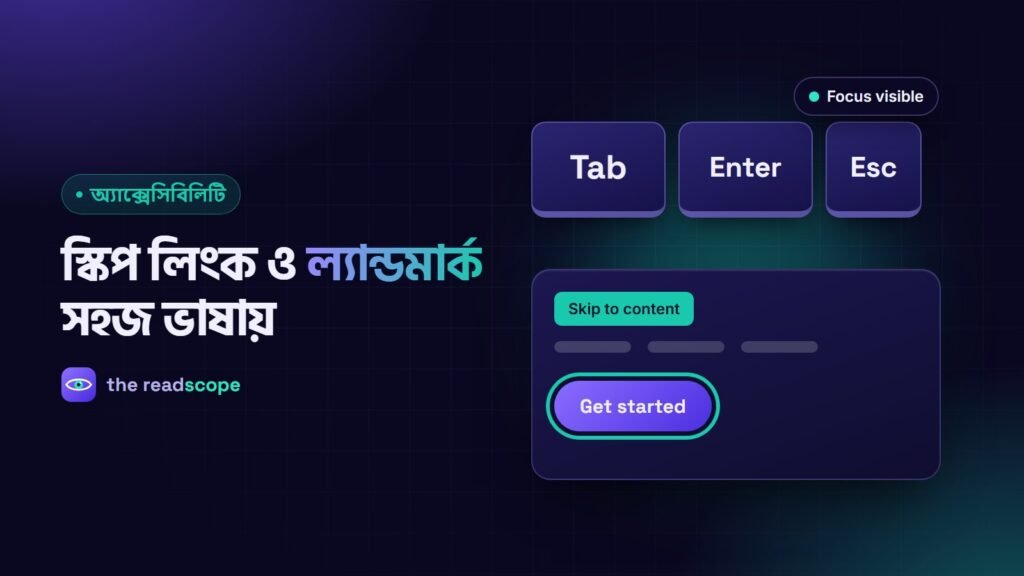 Tab, Enter ও Escape কী এবং স্কিপ লিংকসহ একটি পেজ, যেখানে বোতামে ফোকাসের রেখা দেখা যাচ্ছে