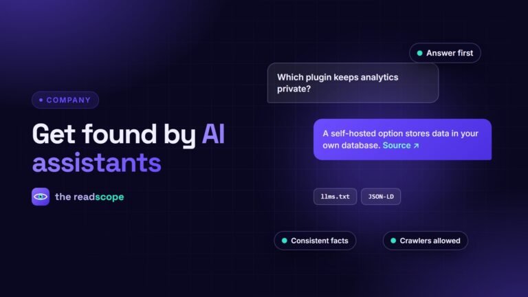 A chat question and an AI answer citing a source, with llms.txt and JSON-LD labels