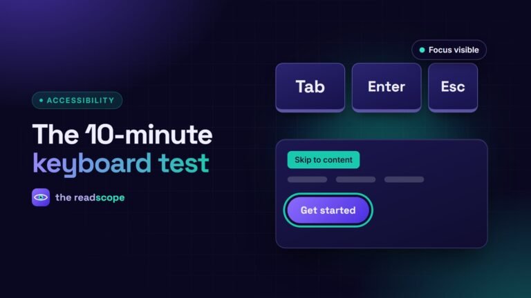 Tab, Enter and Escape keys above a page with a skip link and a visible focus ring on a button