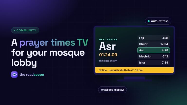 A TV showing the next prayer countdown, prayer times and a notice ticker