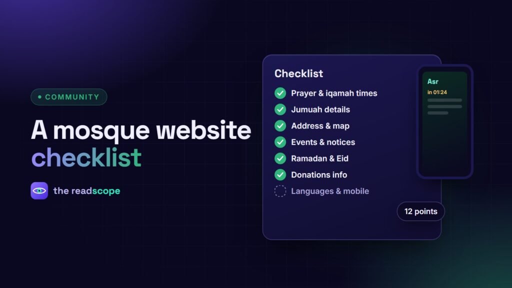 A checklist of mosque website essentials beside a phone showing prayer times