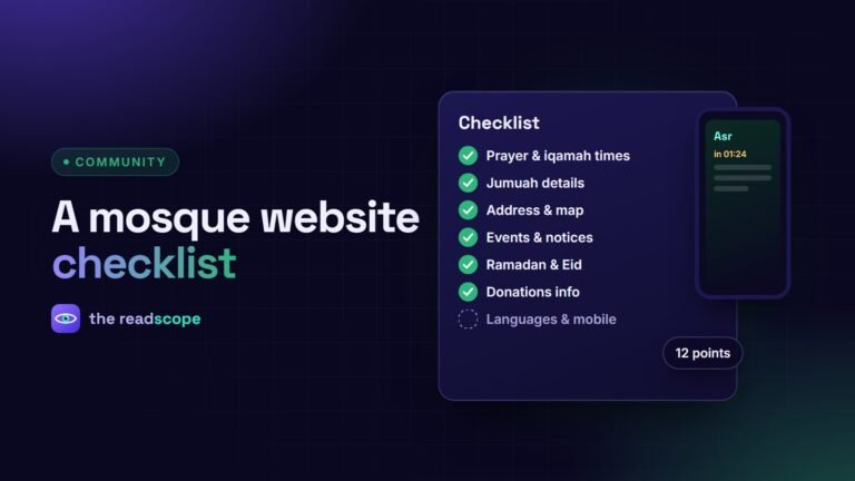 A checklist of mosque website essentials beside a phone showing prayer times