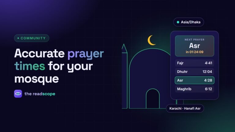 A mosque outline with a crescent moon and a list of prayer times