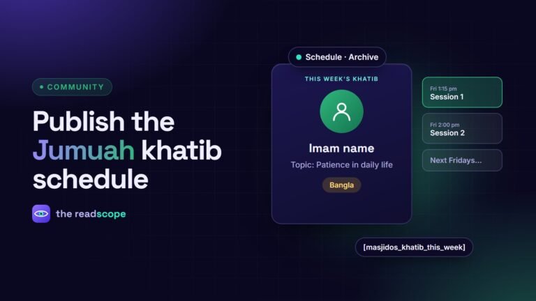 A khatib profile card with topic and language next to two Jumuah sessions