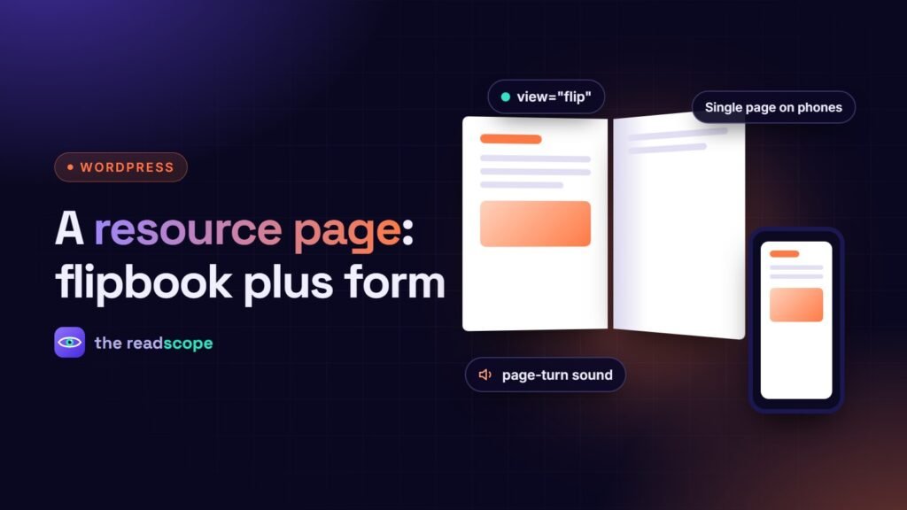 An open flipbook with a page curl next to a phone showing a single page