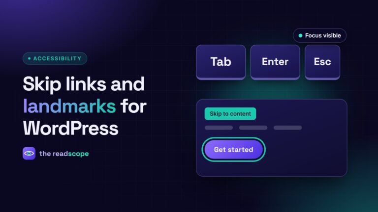 Tab, Enter and Escape keys above a page with a skip link and a visible focus ring on a button